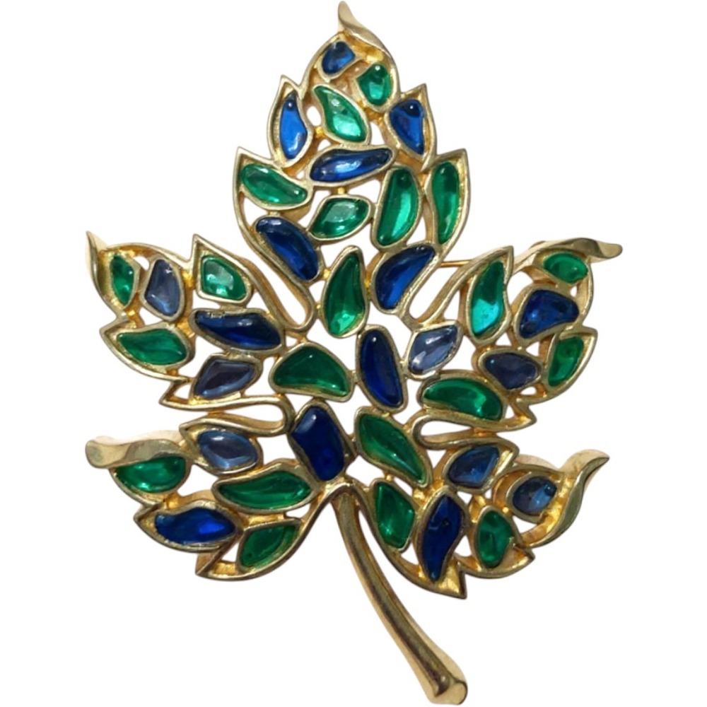 Vintage Crown Trifari Gold Tone Blue Green Modern Mosaic Maple Leaf Brooch‎ Pin